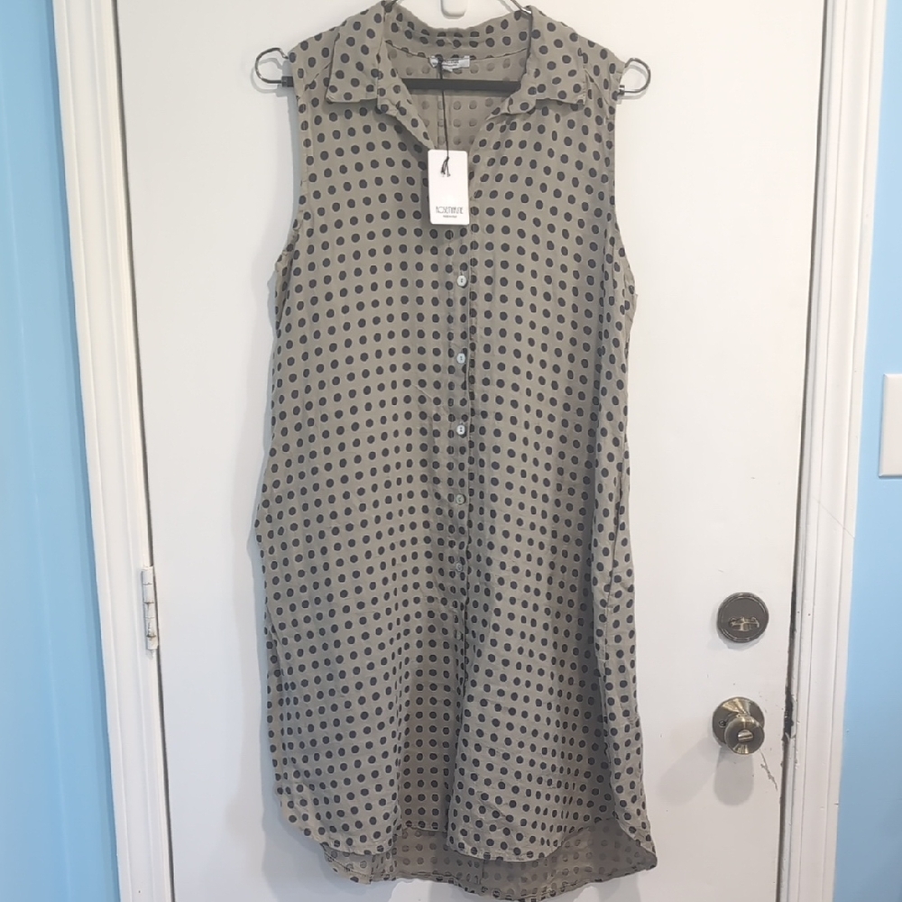 Rosemarine NEW Sleeveless Fango Navy Polka Dot Midi Linen Dress Size Large